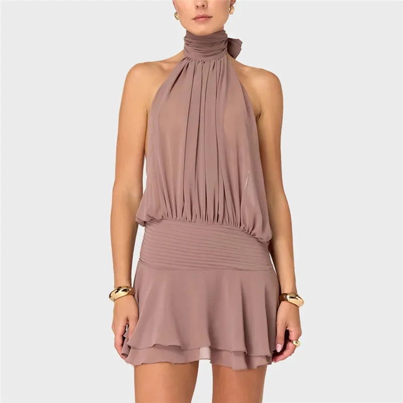 Elegant Halter Neck Mini Dress Backless Pleated High Waist Layered Ruffle Hem Solid Color Short Dress Party Club Outfit