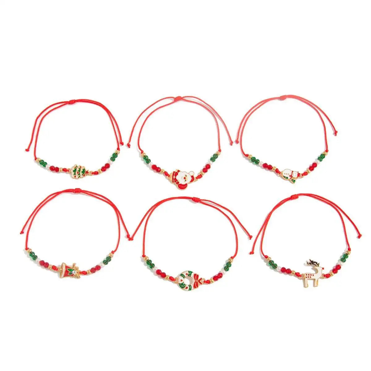 6Pcs/Set Santa Claus Snowflake Christmas Tree Pendant Bracelet Women Cute Adjustable Rope Chain Crystal Beaded Bracelet