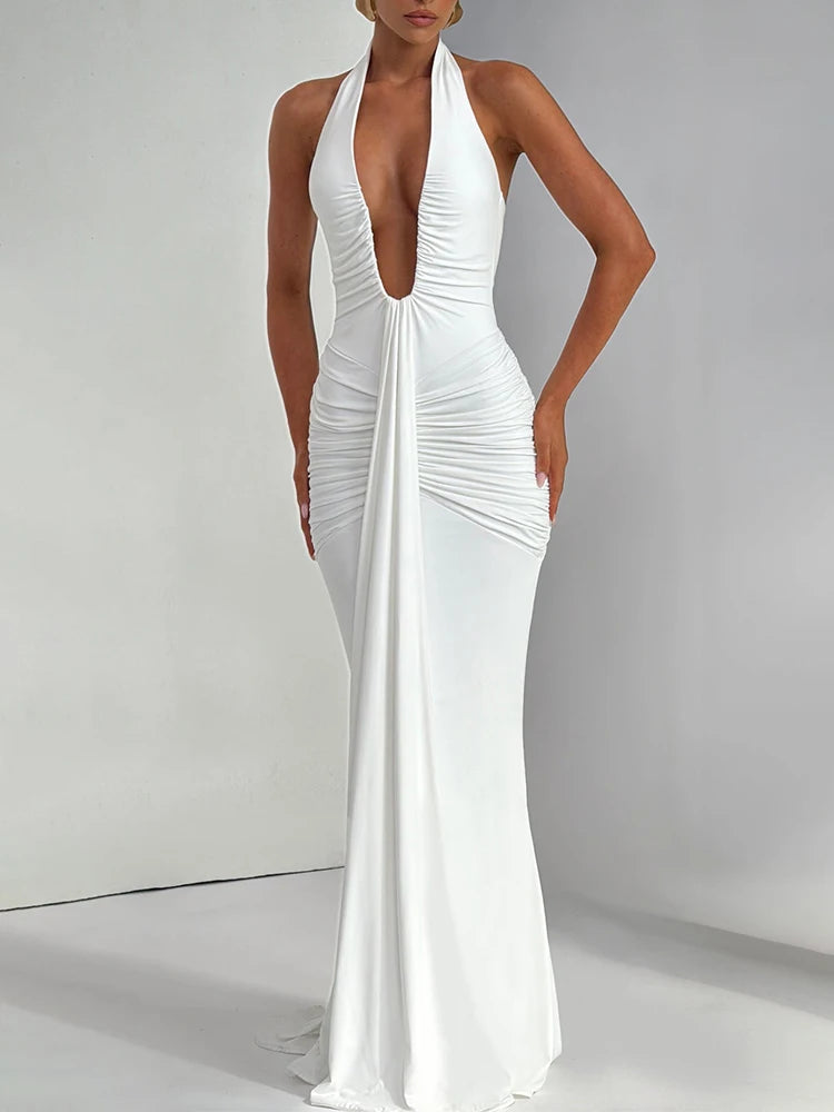 Deep V Neck Draped Ruched Sexy Maxi Dress Women Summer Fashion Halter Sleeveless Backless Club Party Long Dress Elegant