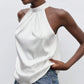 Elegant Satin Halter Neck Tank Tops Women's Sleeveless Solid Color T Shirt Basic Crop Tops Fashion Summer Party Clubwear