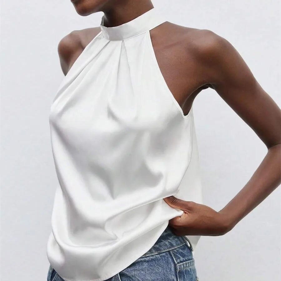 Elegant Satin Halter Neck Tank Tops Women's Sleeveless Solid Color T Shirt Basic Crop Tops Fashion Summer Party Clubwear