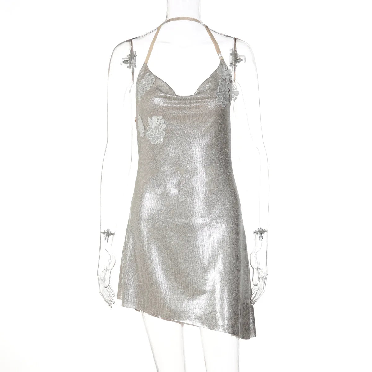 Elegant Silver Shiny Halter Backless Mini Dress for Women Flower Decor Backless Asymmetrical Hem Sexy Party Club Dress