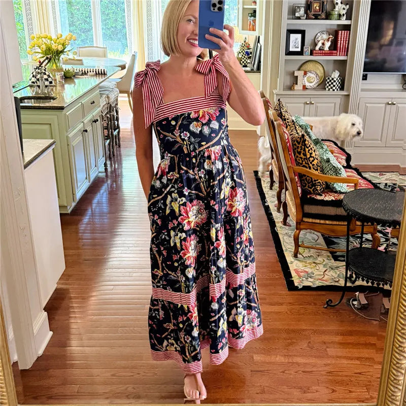 Women Summer Boho Maxi Dress Vintage Floral Tie Shoulder Flowy Long Dress Square Neck Ruffle Tiered Beach Sundress