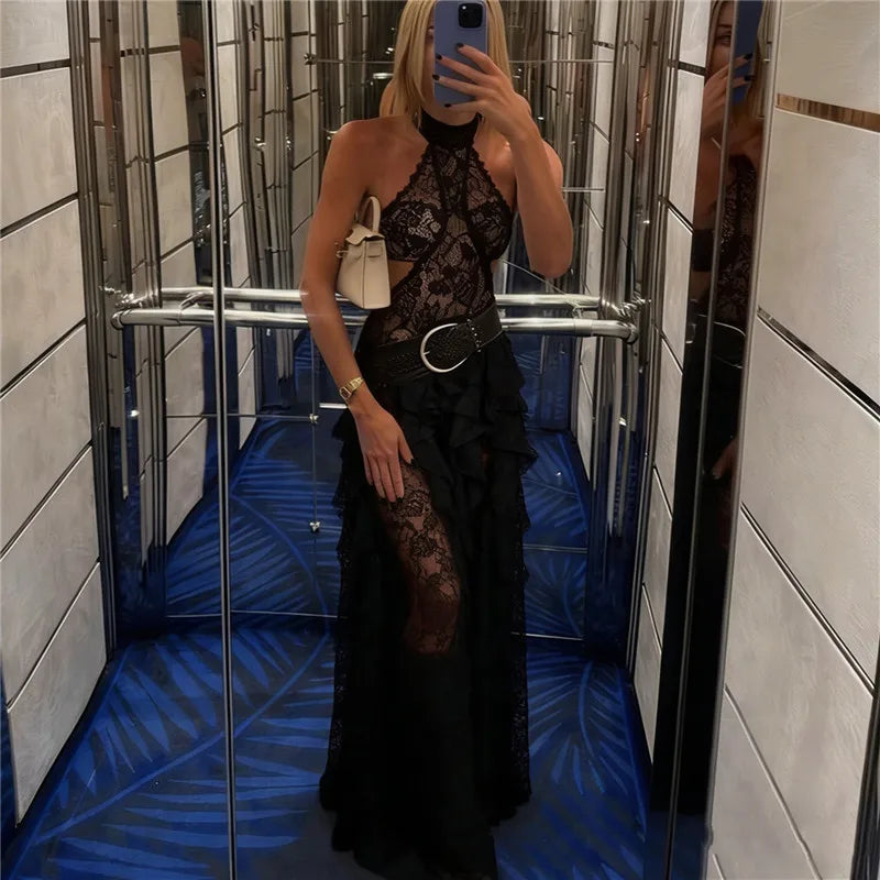 Backless Halter Neck Lace Maxi Dress Cutout Waist Tiered Ruffle Sheer Long Skirt Slim Evening Club Party Vacation Dress