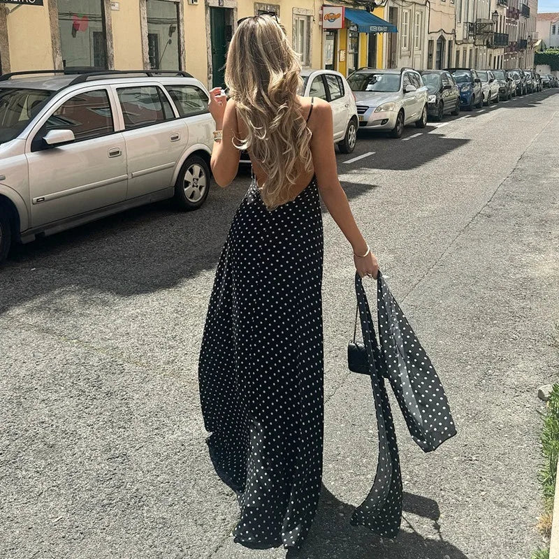 Polka Dot Print Sexy Deep V Neck Backless Maxi Dresses French Style Elegant Summer Dress Woman Clothing