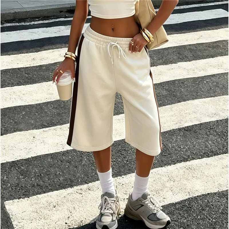 Women Color Block Side Stripe Bermuda Shorts Elastic Drawstring Waist Wide Leg Knee Length Loose Sweat Athletic Shorts