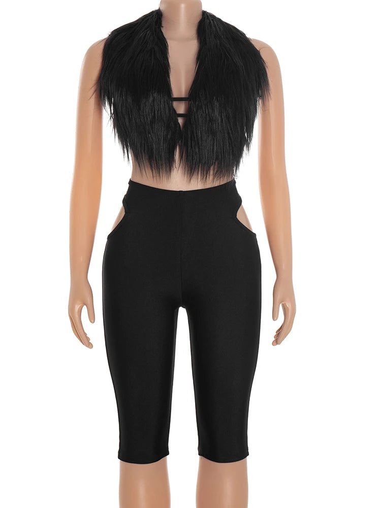 Furry Sexy 2 Piece Set Women Tracksuit Backless Tank Tops+High Waist Hollow Bike Shorts Nightclub Matching Outfits