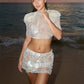 Aesthetic Shell Sequin Mesh Two Piece Set Women High Neck Crop Top Mini Skirt Sheer Sparkly Beach Bikini Cover Up Outfit