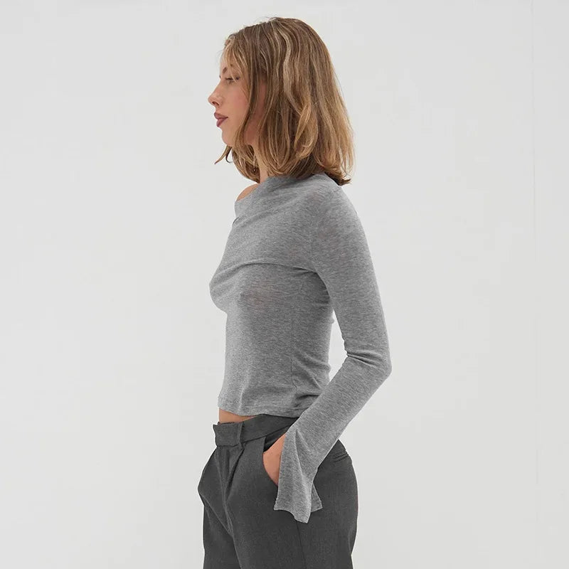 One Shoulder Slit Long Sleeve Tee Shirts Ladies Casual Grey Tops Woman's Clothes Fall