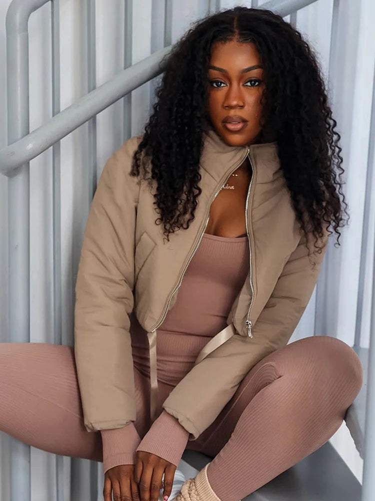 Ribbon Winter Warm Zip Crop Jacket Women Pocket Turtleneck Full Sleeve High Street Hipster Basic Puffer Quilted Parkas