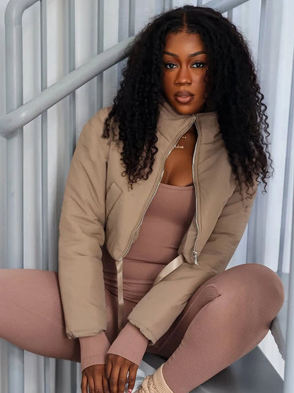 Ribbon Winter Warm Zip Crop Jacket Women Pocket Turtleneck Full Sleeve High Street Hipster Basic Puffer Quilted Parkas