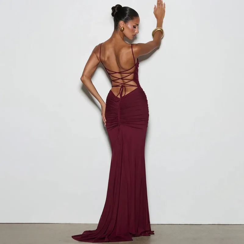 Spaghetti Strap Backless Fishtail Maxi Dresses 2026 Woman Elegant Evening Gown Party Birthday Dress