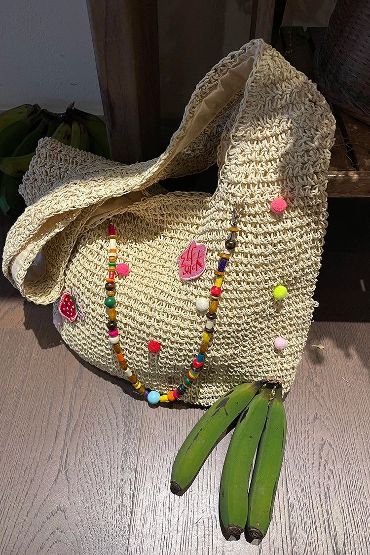 Women's Boho Crochet Straw Shoulder Bag with Colorful Beads, Large Summer Beach Tote Bag, Casual Vacation Handbag