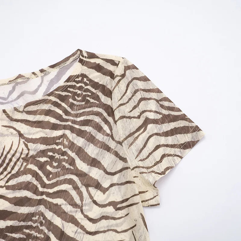 Animal Print Mesh Sheer Tops Summer 2026 Fashion Short Sleeve T Shirts for Woman Clothing