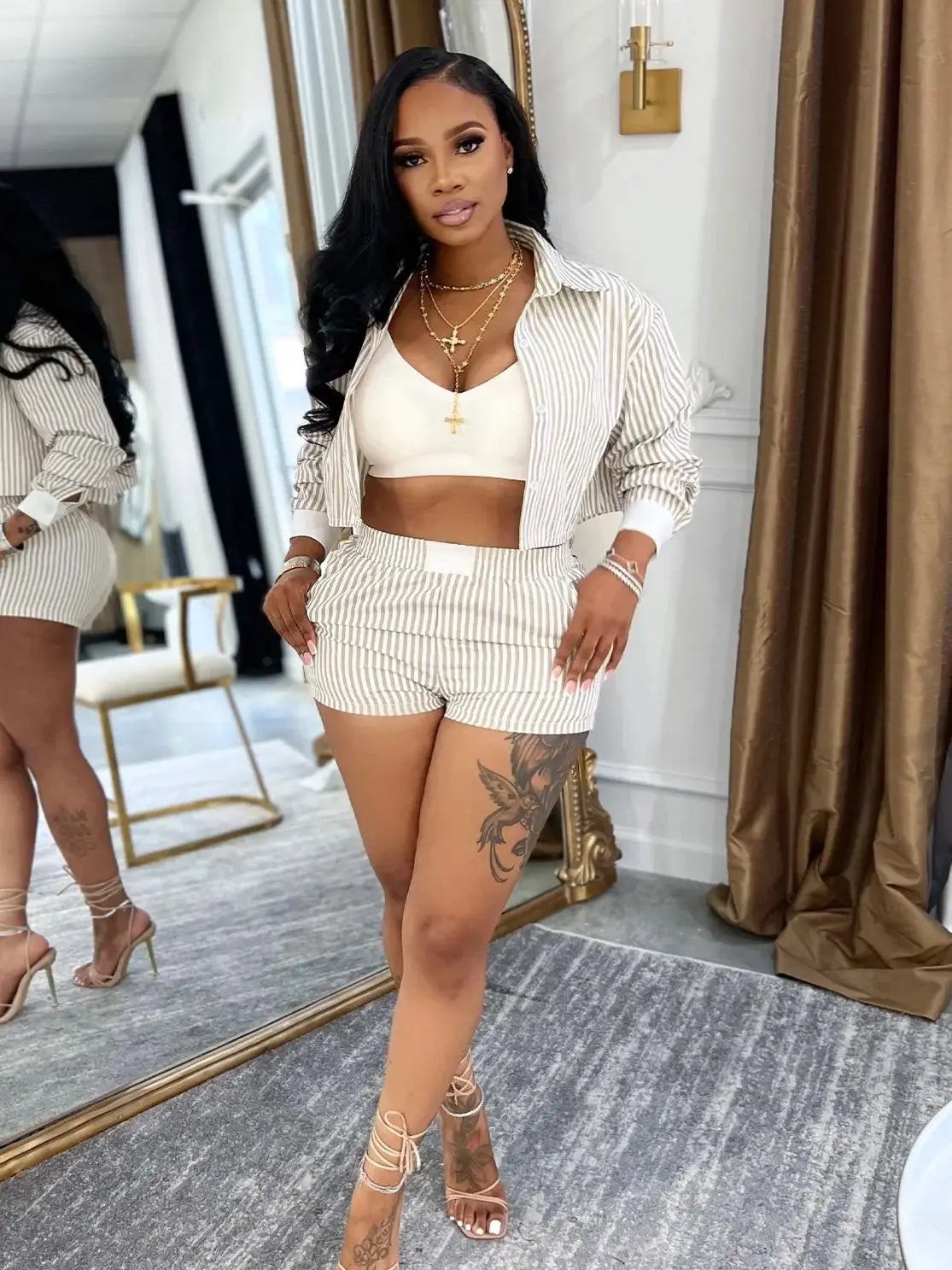 Stripe Single Button 2 Piece Set Women Elegant Patchwork Crop top+Shorts Casual Streetwear Simple Activity Outfits