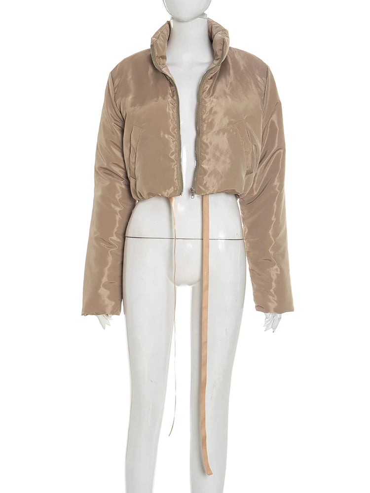 Ribbon Winter Warm Zip Crop Jacket Women Pocket Turtleneck Full Sleeve High Street Hipster Basic Puffer Quilted Parkas