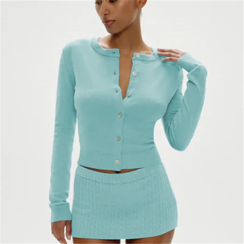 Knitted Fashionable Casual Cardigan Top Solid Color Round Neck Long Sleeved Slim Fit Winter Fall Button Sweater Tops