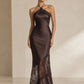 Women Halter Satin Maxi Dress Lace Trim Backless Bodycon Long Evening Party Dress Elegant Formal Wedding Guest Gown