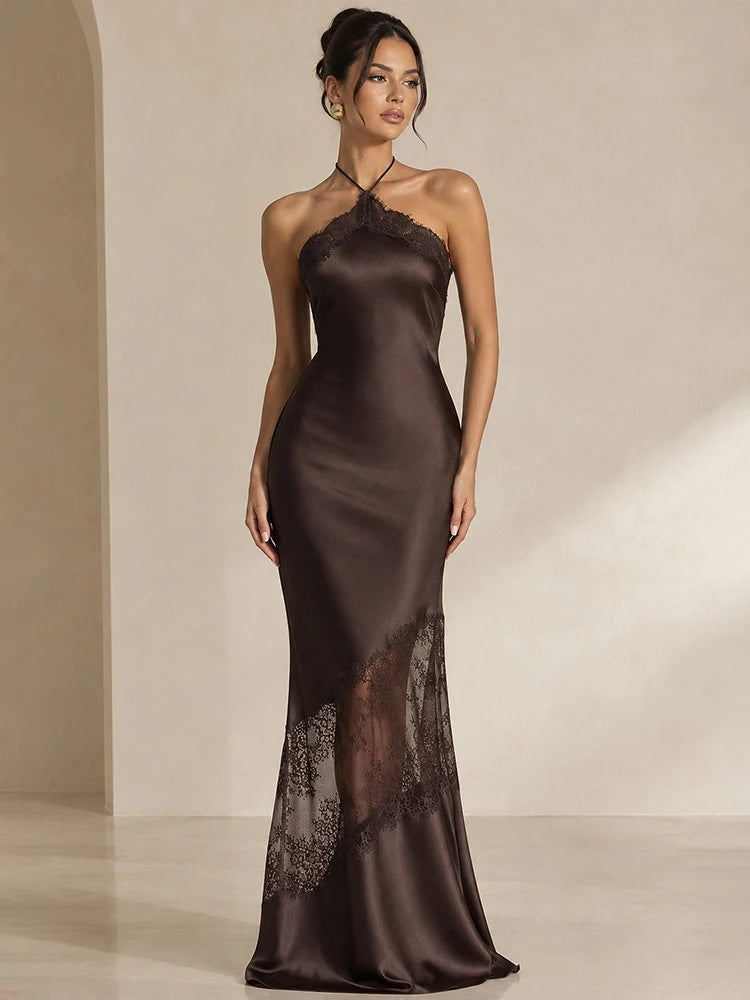 Women Halter Satin Maxi Dress Lace Trim Backless Bodycon Long Evening Party Dress Elegant Formal Wedding Guest Gown