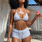 Women's 2 Piece Bikini Set Fashion Plaid Print Sleeveless Halter Neck Triangle Tops and Low Waist Boyshorts Bathing Suit