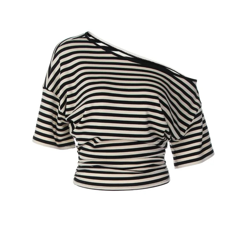 One Shoulder Ruched Striped Crop Tops Summer Short Sleeve T Shirts Fashion 2026 Woman Clothes