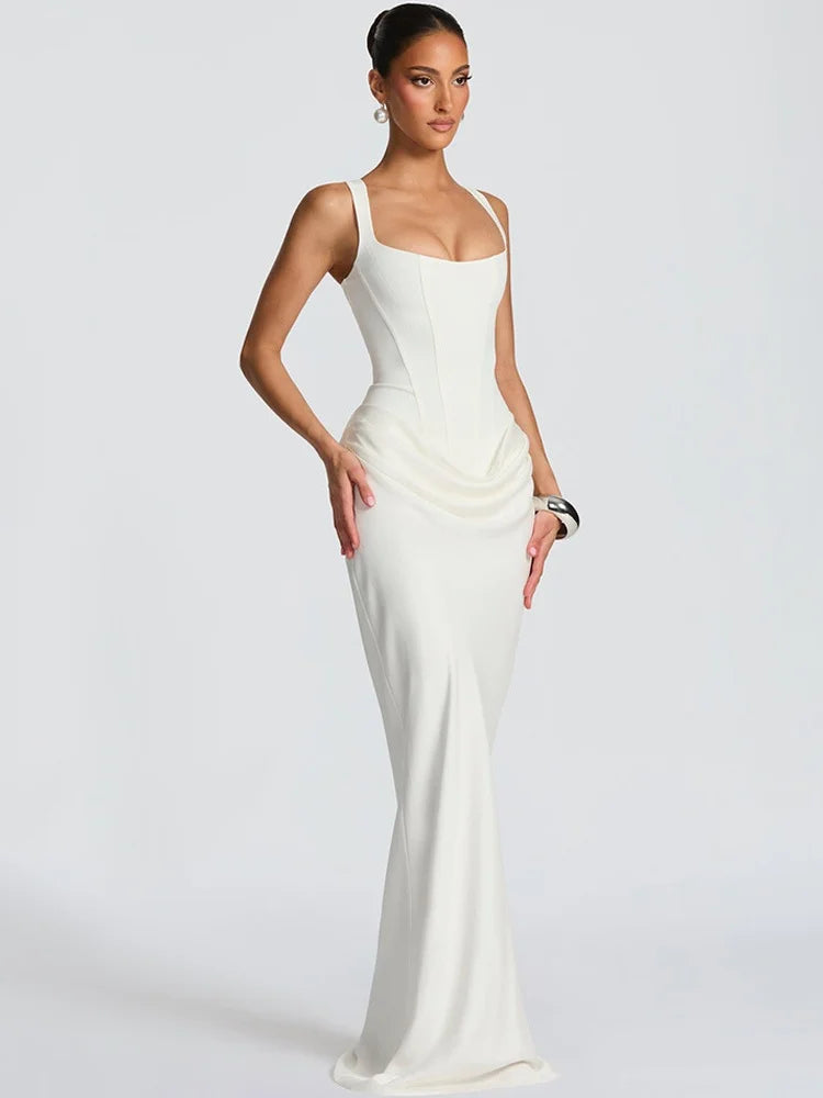 Square Neck Sleeveless Backless Corset Maxi Dress Sexy White Party Dresses Woman Elegant Evening Gown