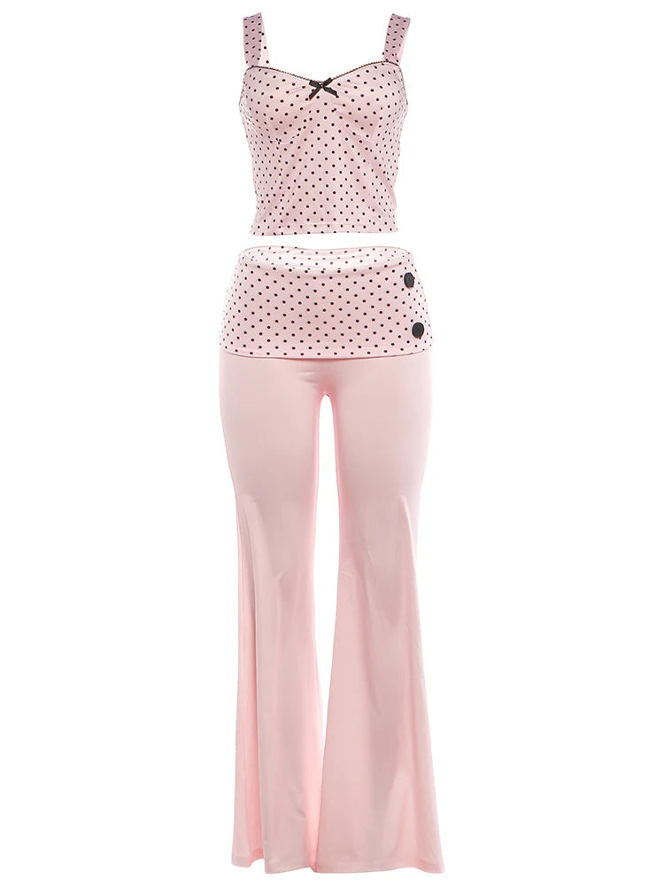 Polka Dot Patchwork 2 Piece Set Woman Bow Low-Neck Backless Crop Tops+Button Decoration Long Pants Elegant Style Suit