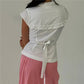 French Minimalist Lapel Ruffle Sleeveless Blouse Side Tie String Waist Cinch Back Tie Slim Fitted Shirt Office Daily Top