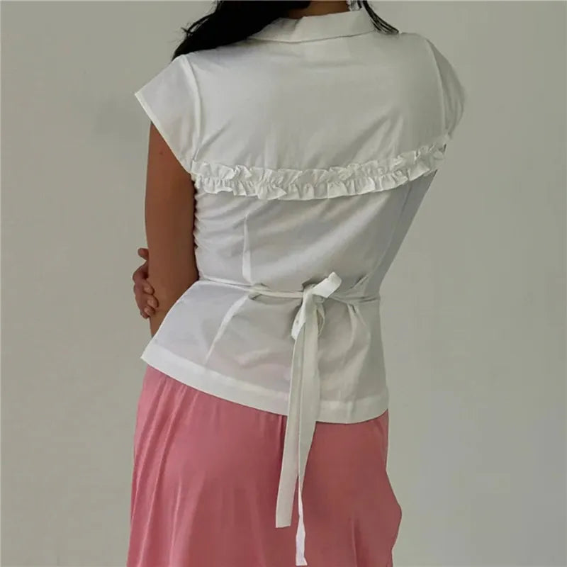 French Minimalist Lapel Ruffle Sleeveless Blouse Side Tie String Waist Cinch Back Tie Slim Fitted Shirt Office Daily Top