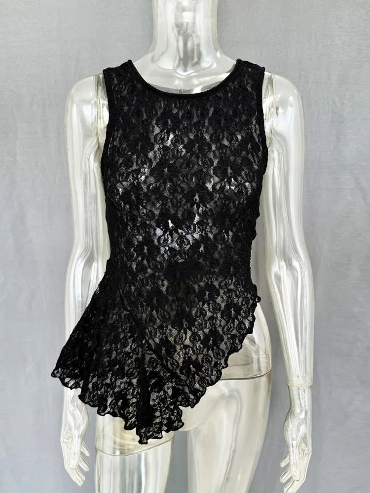 Summer Lace Sexy Tank Top Women Fashion O Neck See Through Sleeveless Tank Tops Vest Female Elegant Irregular Top Tees