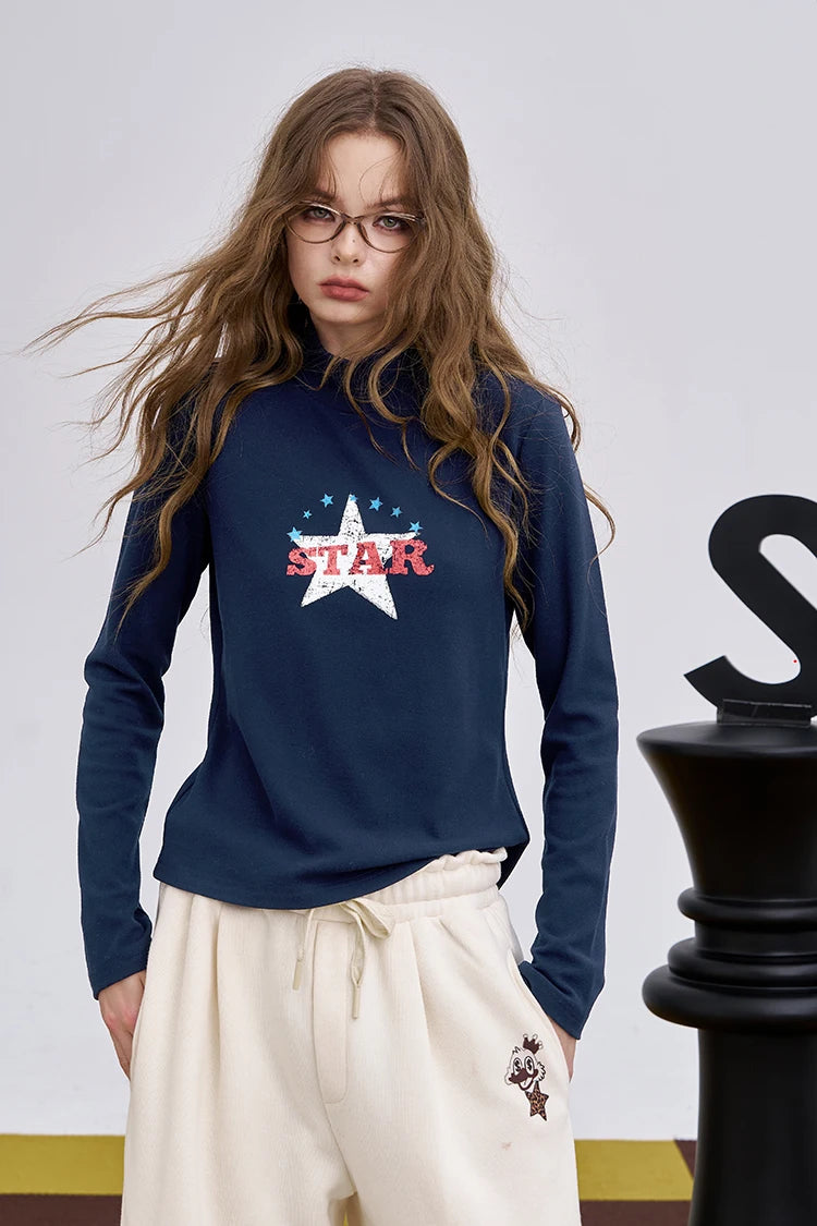 2025 Winter New Arrivals Y2K Slim Fit Half Neck Graphic Long Sleeve T-shirt For Woman