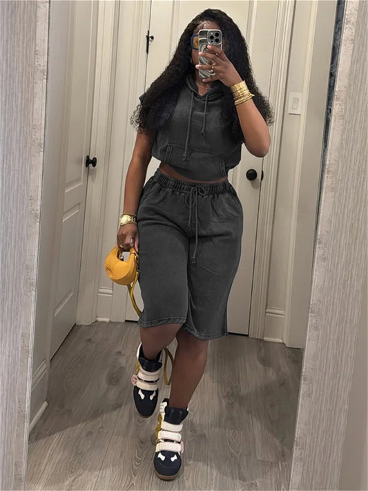 Casual Fashion 2 Piece Set Woman Vintage Style Sleeveless Hooded Tank Tops+Drawstring Elastic Waist Shorts Streetwear