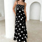 Striped Polka Dot Spaghetti Strap Maxi Dress for Women Square Neck Empire Waist Flowy A Line Dress with Shirred Back