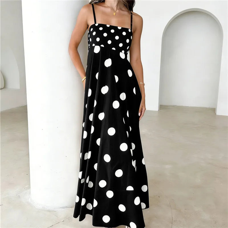 Striped Polka Dot Spaghetti Strap Maxi Dress for Women Square Neck Empire Waist Flowy A Line Dress with Shirred Back