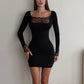 Black Long Sleeve Bodycon Mini Dress with Lace Trim Square Neck and Cuffs 2026 Fall Dresses for Woman Elegant
