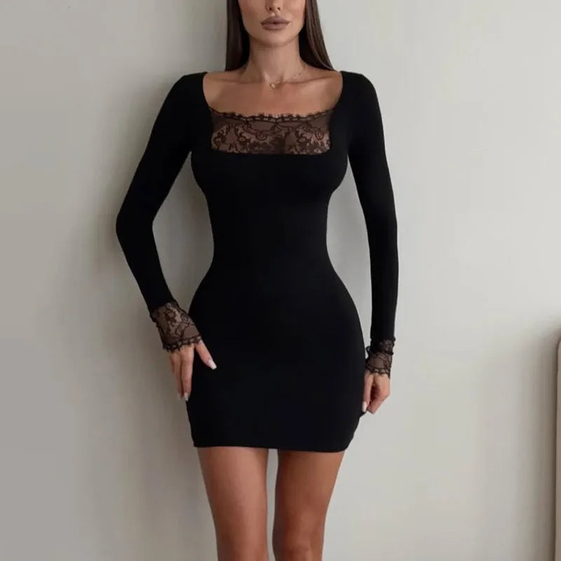 Black Long Sleeve Bodycon Mini Dress with Lace Trim Square Neck and Cuffs 2026 Fall Dresses for Woman Elegant