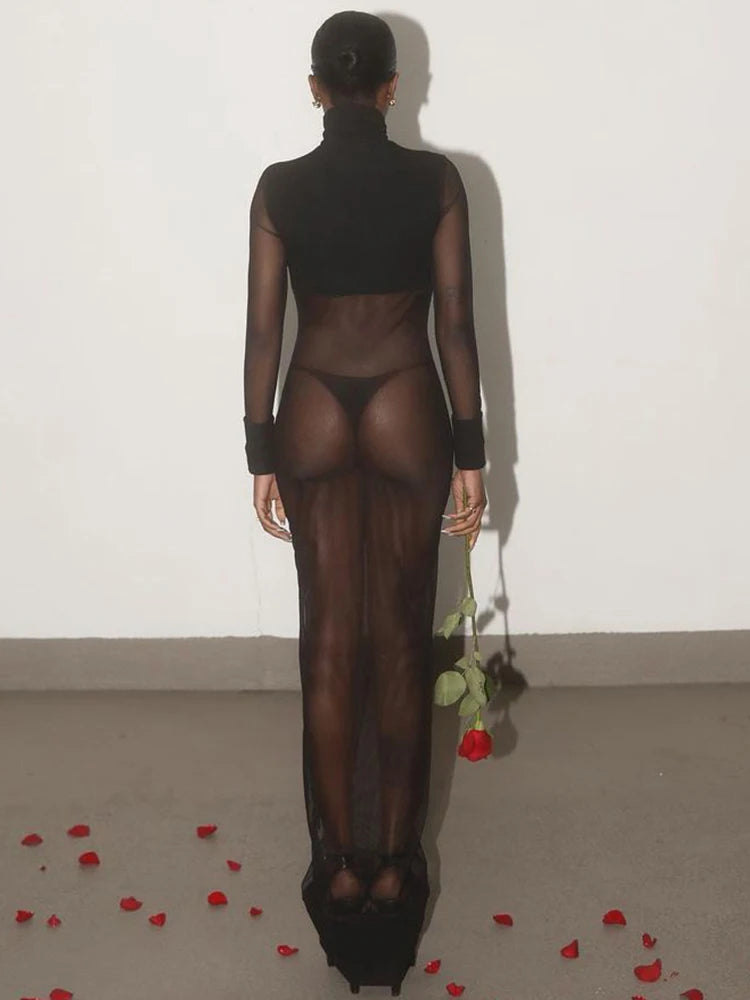 Hot Girl See Through Long Dress+Briefs Woman Turtleneck Full Sleeve High Waist Midnight Club Party Sexy Fashion Vestidos