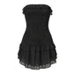 Women Strapless Lace Corset Bodycon Mini Dress Ruffle Trim Layered Irregular Chiffon Hem Back Zipper Party Club Dress