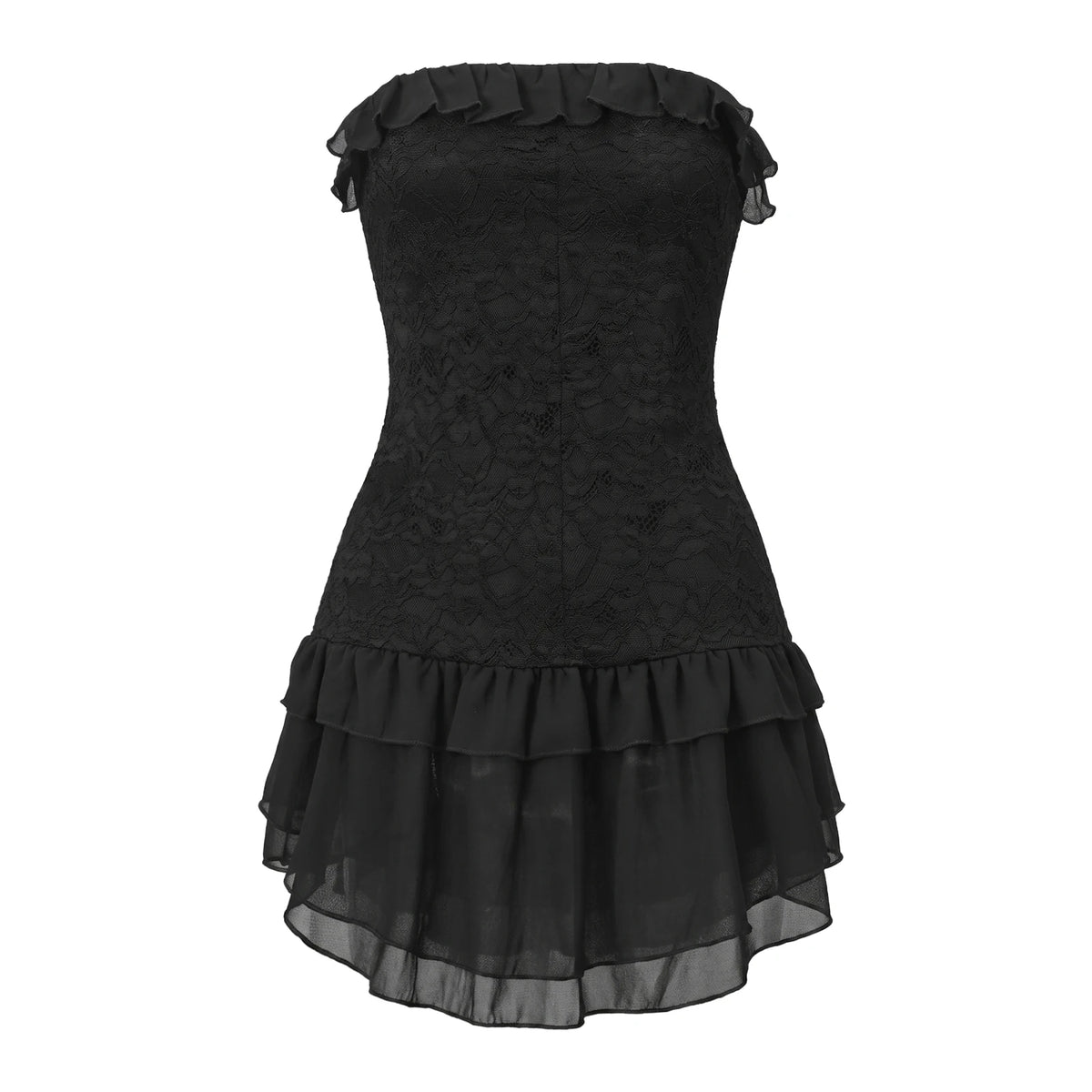 Women Strapless Lace Corset Bodycon Mini Dress Ruffle Trim Layered Irregular Chiffon Hem Back Zipper Party Club Dress