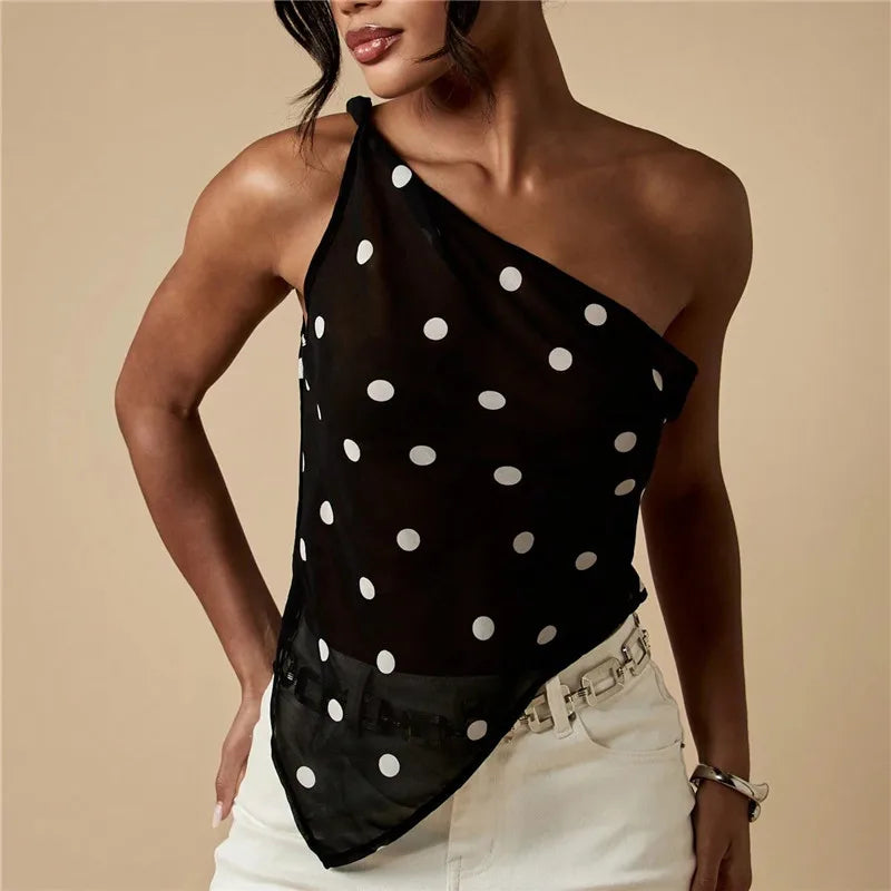 Women Y2K Polka Dot Mesh Top One Shoulder Asymmetric Hem Sheer See-Through Chiffon Halter Top Going Out Streetwear
