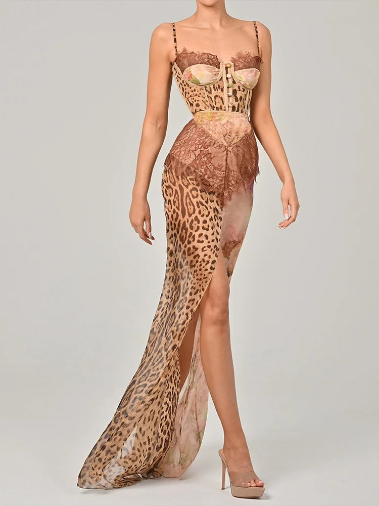 See Through Leopard Print Chiffon Maxi Dresses Woman 2025 Elegant Summer Sleeveless High Split Long Dress