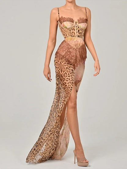 See Through Leopard Print Chiffon Maxi Dresses Woman 2025 Elegant Summer Sleeveless High Split Long Dress