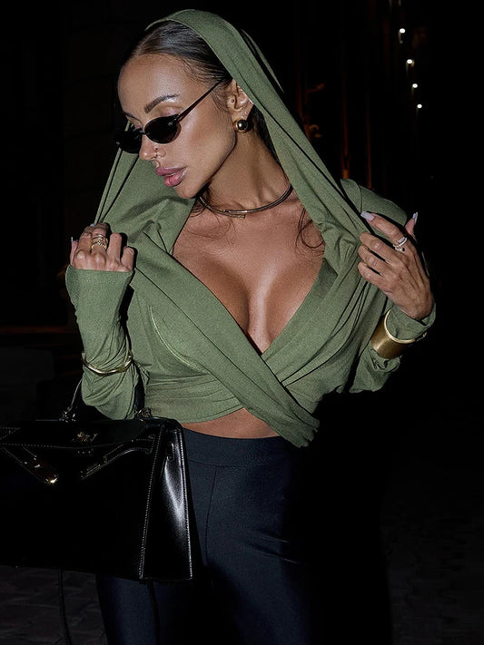 Sexy Hood T-Shirt Women Wild Cross Deep V-Neck Bat Sleeves Basics Stretch Simple Chic Midnight Street Party Clubwear