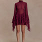 Mesh See Through Ruffle Sexy Mini Dress Women Elegant Turtleneck Long Sleeve Tiered Frills Club Party Dresses Female