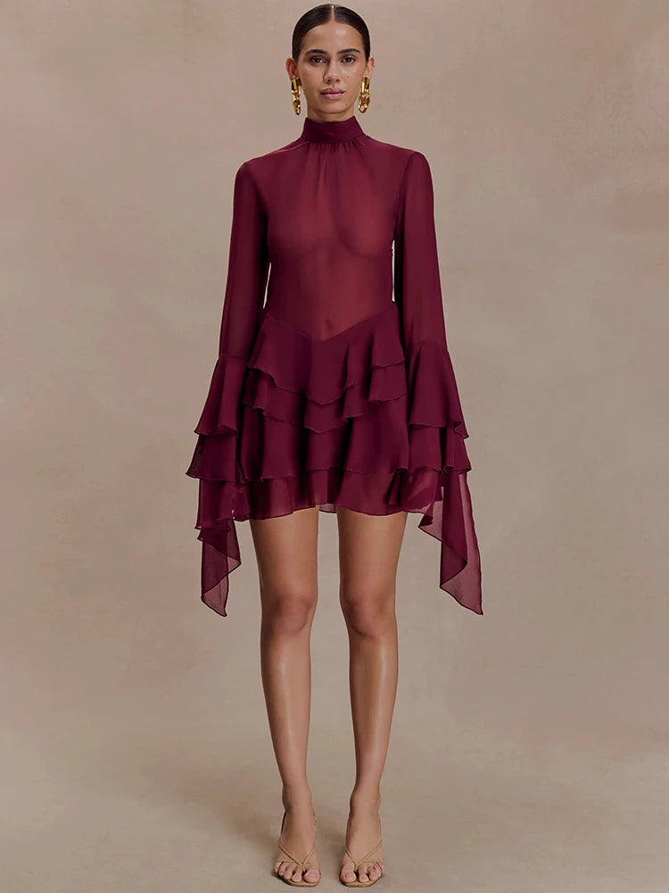 Mesh See Through Ruffle Sexy Mini Dress Women Elegant Turtleneck Long Sleeve Tiered Frills Club Party Dresses Female