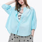 Women's Solid Color Sheer Blouse, Stand Collar Puff Sleeve Casual Button Down Loose Fit Shirt