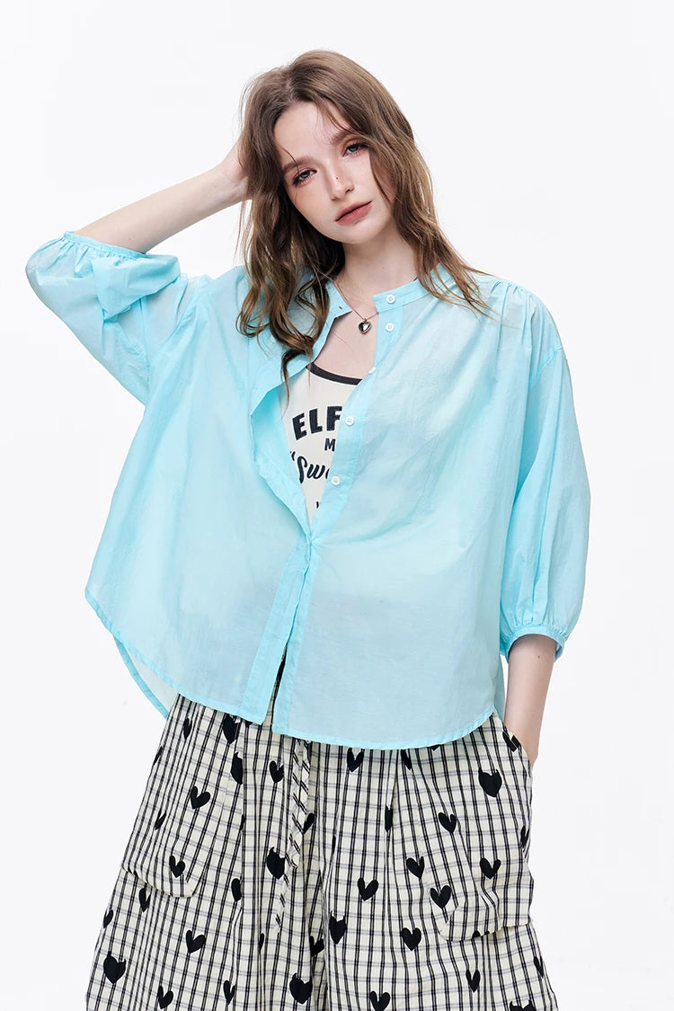 Women's Solid Color Sheer Blouse, Stand Collar Puff Sleeve Casual Button Down Loose Fit Shirt
