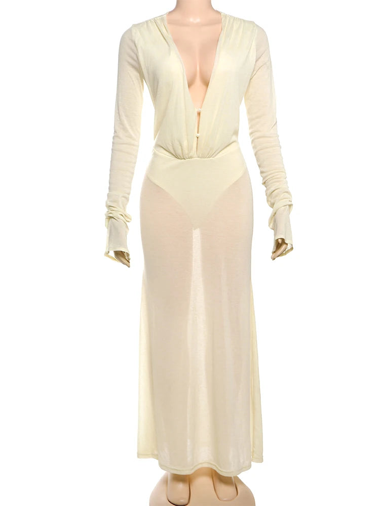 Sexy See Through Maxi Dress Women Deep V-Neck Full Sleeve Summer Vacation Fashion Beach Party Ruched Elegant Vestidos