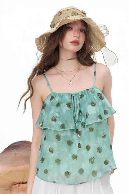 Polka Dot Ruffle Camisole, Beaded Drawstring Chiffon Cami Top, Mint Green Y2K Summer Sleeveless Blouse