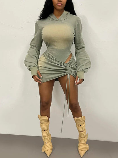 Hooded Tie Dye 2 Piece Set Women Sexy Backless Full Sleeve Bandage Bodysuit+Shirring Skirts Matching Street Clubwear